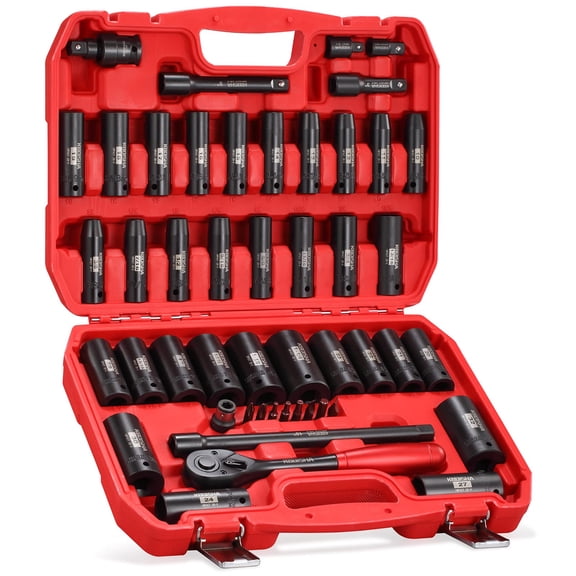 KBOISHA 1/2" Drive Impact Socket Set,48-Piece 6 Point Deep Socket Set Standard SAE and Metric CR-V Steel Sockets with Bit Adapter & Ratchet Handle