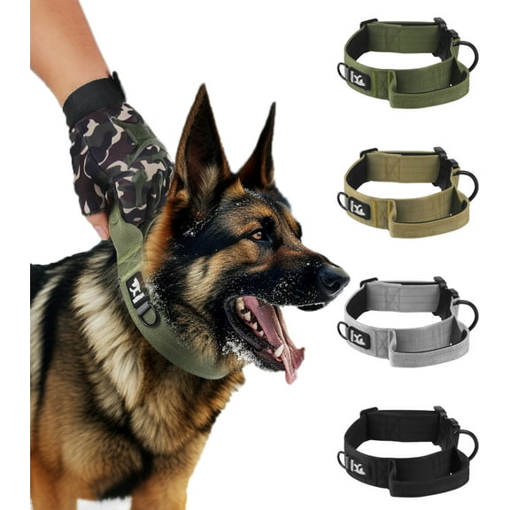 KBOOK Tactical Dog Collar for Medium Large Dogs Heavy Duty Metal Buckle Adjustable Training Dog Collar with Handle (Khaki,L)