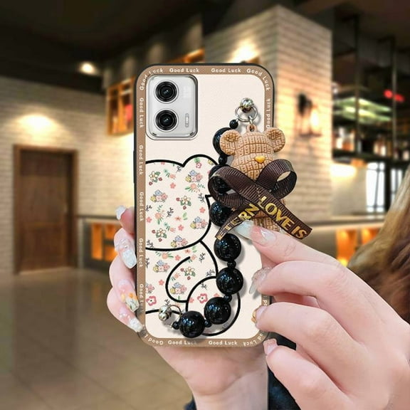 KBS-Phone Case For MOTO G 5G 2023, silicone cute Skin-friendly feel Anti-knock Cartoon Bear bracelet soft case Black pearl pendant Simplicity Back Cover Dirt-resistant protective case