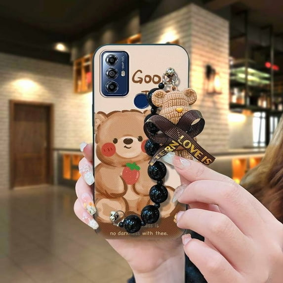 KBS-Phone Case For MOTO G Play 2023, Waterproof Cartoon Anti-knock Back Cover Simplicity Dirt-resistant Skin-friendly feel Bear bracelet protective case Black pearl pendant soft case