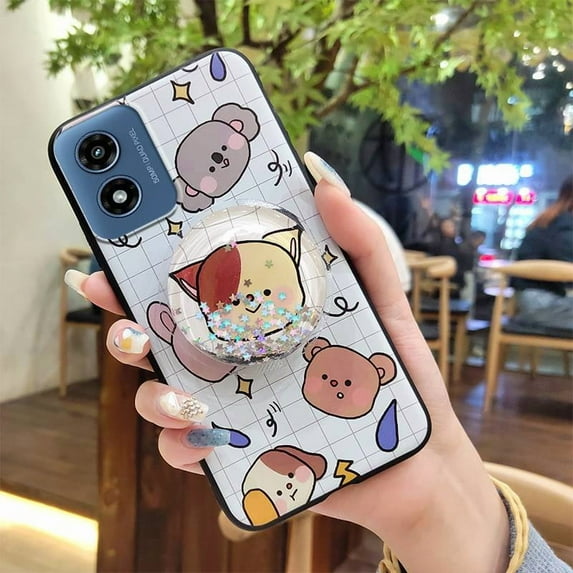 KBS-Phone Case For MOTO G Play 2024/4G/5G, Kickstand phone lens protection Waterproof Glitter Cartoon TPU Rotatable stand Fashion Design cute Dirt-resistant Simplicity Anti-knock Durable