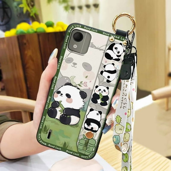 KBS-Phone Case For Nokia C110 4G, Back Cover Lanyard Cartoon Anti-dust Kickstand Silicone Waterproof Panda Shockproof Cute Phone Holder Protective Wrist Strap Soft case Dirt-resistant