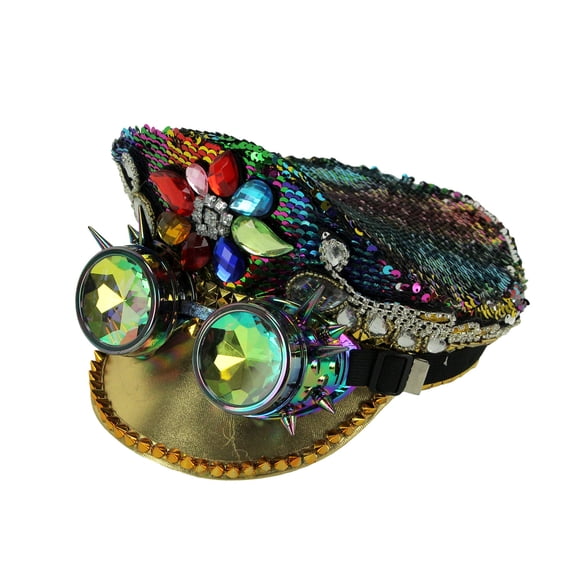 KBW Fashion Forces Rainbow Sequin Peaked Cap and Goggles Adult Halloween Costume Hat