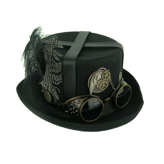 KBW Global Corp Black Unisex Steampunk Riding Hat with Feathers and Goggles Accessory