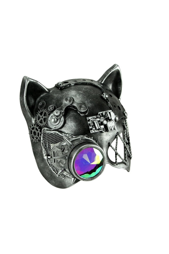 Steamkpunk Cat Robot Kitty Halloween Mask with Light Refraction Monocle, Silver - Silver