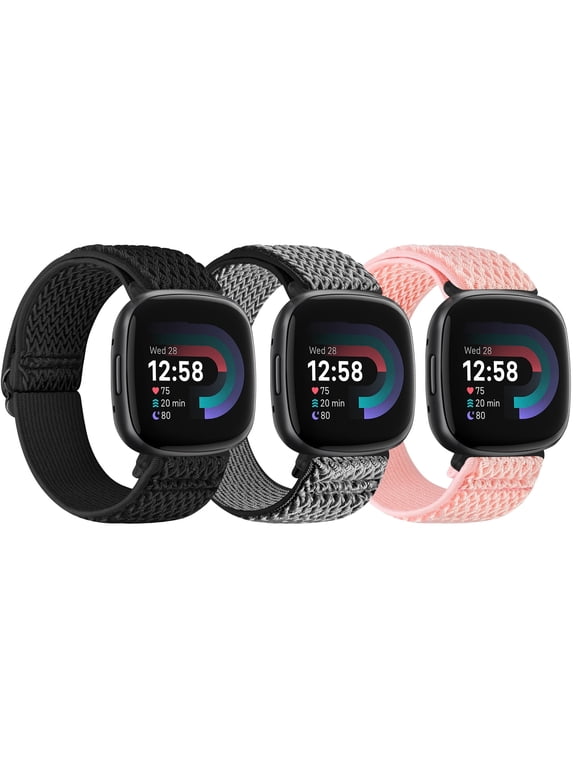 3 Pack Elastic Nylon Watch Bands Compatible with Versa 4/Versa 3/Sense 2/Sense, Soft Loop Adjustable Sport Replacement Wristbands for Women Men