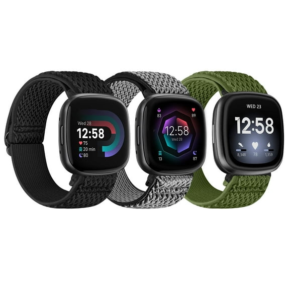 KBYKO 3 Pack Elastic Nylon Watch Bands Compatible with Versa 4/Versa 3/Sense 2/Sense, Soft Loop Adjustable Sport Replacement Wristbands for Women Men