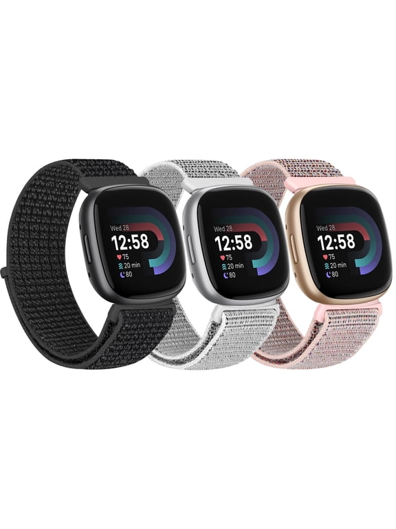 3 Pack Nylon Bands Compatible with Versa 4/Versa 3/Sense 2/Sense Bands, Soft Adjustable Breathable Strap Replacement Wristband for Women Men