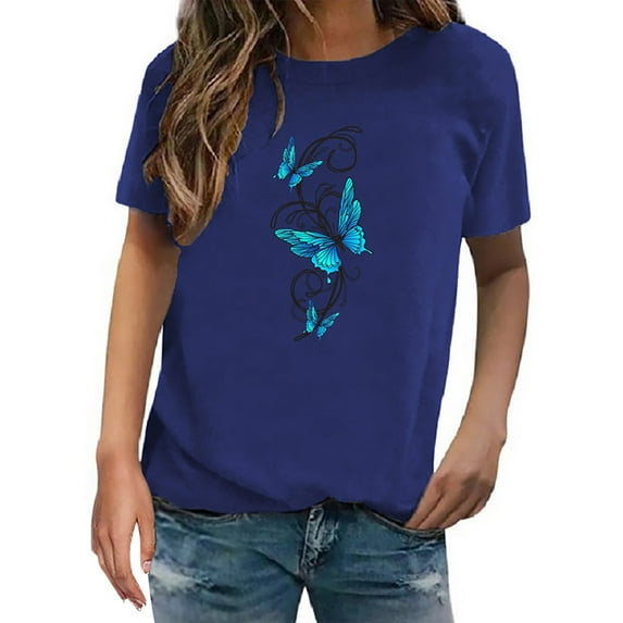 KBZDBZC Blouses for Women Casual Ladies Fashion Trend Butterfly Print Round Neck Short Sleeve T Shirt Top Blouse Women Women's T Shirt Womens Tee Shirt (Blue,L)