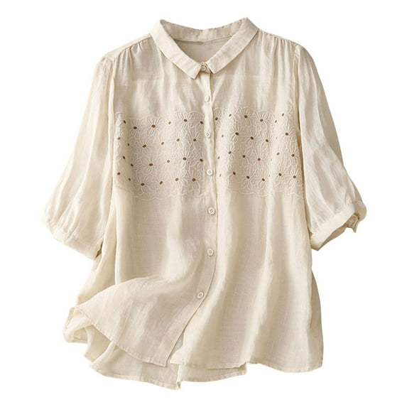 KBZDBZC Blouses for Women Casual Vintage Floral Embroidery Long Sleeve Button Up Breathable Cotton Linen Shirt Women's Blouses Women Tshirt Womens Tee Shirts (Beige,XXL)