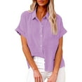 thumbnail image 1 of KBZDBZC Blouses for Women Casual Women's Casual Loose Summer Short Sleeve Solid Color Button Down Shirt T Shirt Women's Blouse Womens T Shirt Womens Tee Shirt (Purple2,L), 1 of 6
