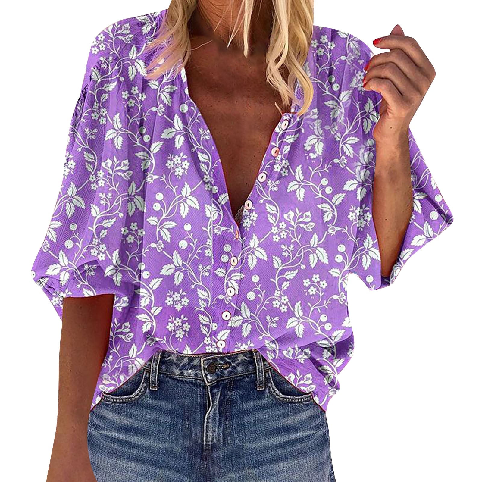 KBZDBZC Blouses for Women Casual Women's Long Sleeved Loose Top Floral ...