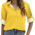 thumbnail image 1 of KBZDBZC Dressy Blouses for Women Button Down Shirts for Women Loose V Neck Blouses Casual Roll Up Collared Tops With Pocket Blouses Women T-Shirt Womens Tee Shirts (Yellow,XXL), 1 of 6