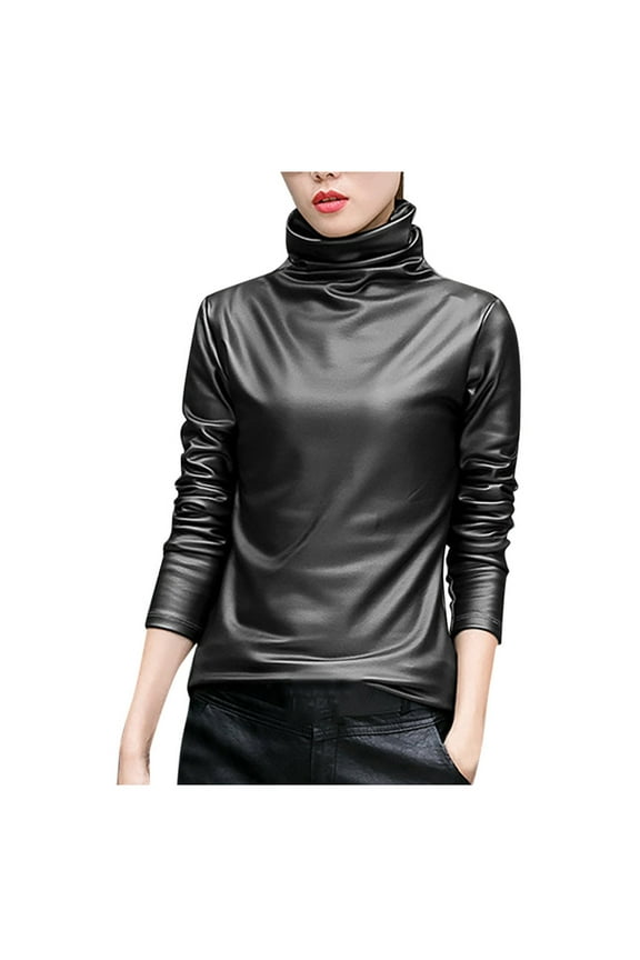 Dressy Blouses for Women Women Basic Shirts Faux Leather Solid Turtleneck Long Sleeve Blouse Tops Casual Blouses Womens T Shirt Womens Tee Shirts (Black,S)