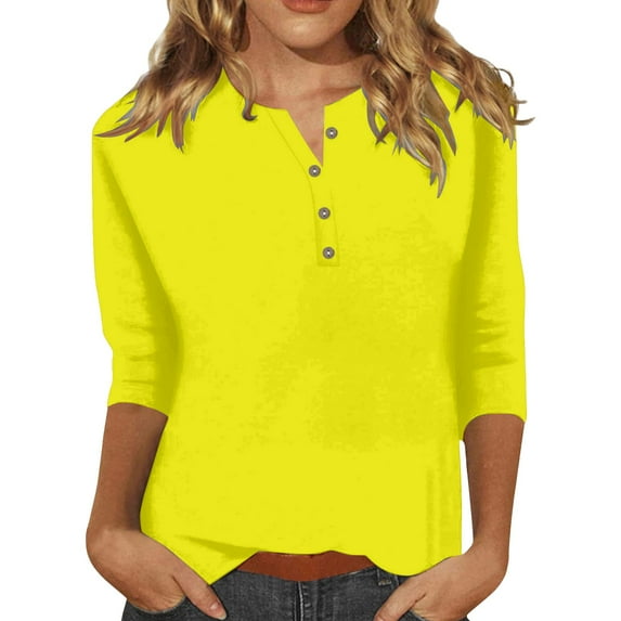 KBZDBZC Dressy Blouses for Women Women's Fashion Button Up 3/4 Length Sleeve Solid Color T Shirt Shirt Top Womens T-Shirts Blouse Womens Casual Blouses(Yellow,S)