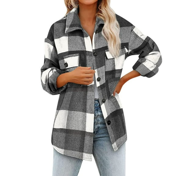 KBZDBZC Shirts For Women Women'S Brushed Plaid Shirts Long Sleeve Flannel Lapel Button Down Pocketed Shacket Jacket Coats Womens Tops(Gray,XXL)