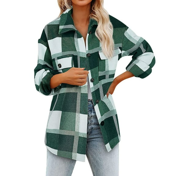 KBZDBZC Shirts For Women Women'S Brushed Plaid Shirts Long Sleeve Flannel Lapel Button Down Pocketed Shacket Jacket Coats Womens Tops(Green,L)