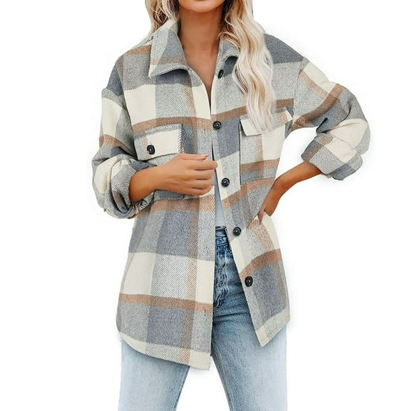 KBZDBZC Shirts For Women Women'S Brushed Plaid Shirts Long Sleeve Flannel Lapel Button Down Pocketed Shacket Jacket Coats Womens Tops(Khaki,XL)