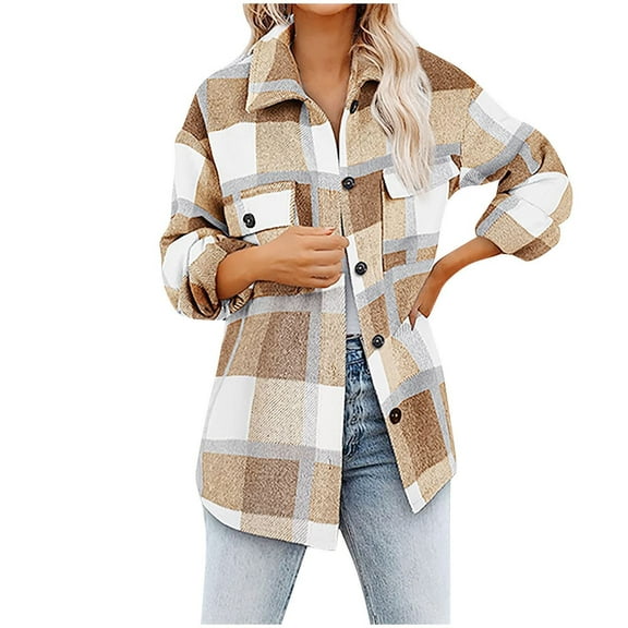 KBZDBZC Shirts For Women Women'S Brushed Plaid Shirts Long Sleeve Flannel Lapel Button Down Pocketed Shacket Jacket Coats Womens Tops(Yellow,S)