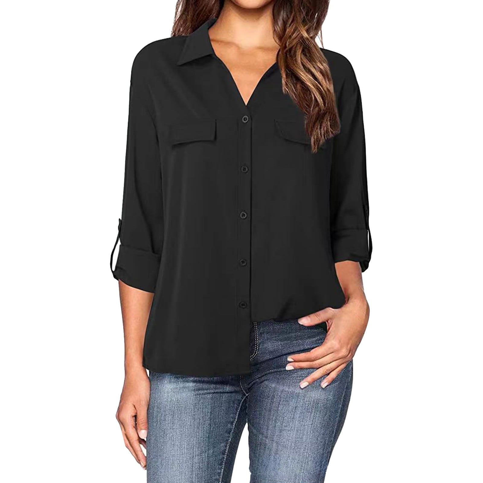 KBZDBZC Shirts for Women Women's Long Sleeve V Neck Solid Color