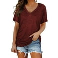 thumbnail image 1 of KBZDBZC Shirts for Women Short Sleeves V Neck Plain Color Soft Loose Fitting Summer T Shirts Women Womens Blouses Women's T-Shirts (Wine Red,M), 1 of 6