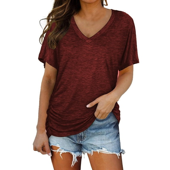 KBZDBZC Shirts for Women Short Sleeves V Neck Plain Color Soft Loose Fitting Summer T Shirts Women Womens Blouses Women's T-Shirts (Wine Red,M)