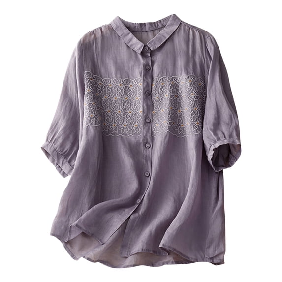 KBZDBZC Spring Tops for Women 2024 Vintage Floral Embroidery Long Sleeve Button Up Breathable Cotton Linen Shirt Blouses Women T-Shirts Women Womens Tee Shirt (Purple,L)