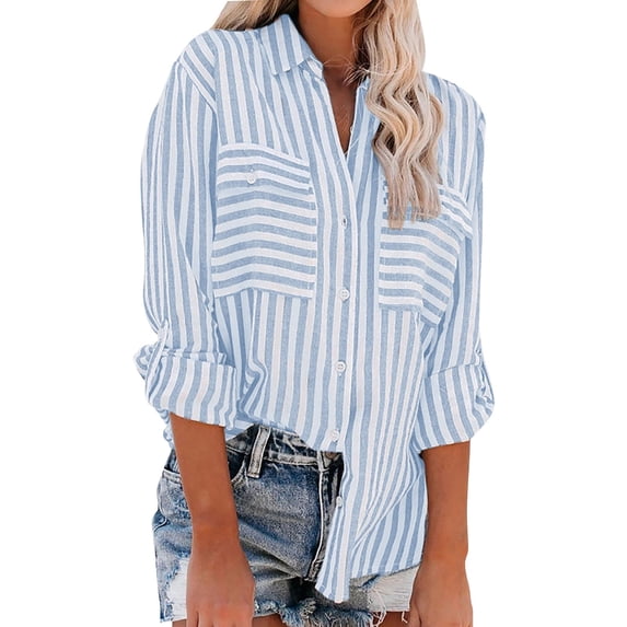 KBZDBZC Spring Tops for Women 2024 Woman Fashion Lapel Long Sleeve Loose Button Pocket Roll Sleeve Shirt Top Blouses for Women Women T-Shirt Womens Tee Shirt (Light Blue,XL)