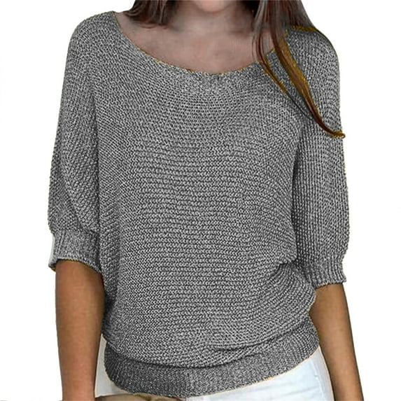 KBZDBZC Spring Tops for Women 2024 Women's Spring Solid Round Neck Knitted Elegant 3/4 Sleeve Top Blouses Women Women Shirts Womens Tee Shirt (Gray,XXXXXL)
