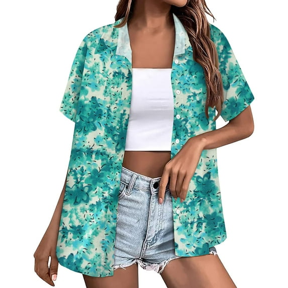 KBZDBZC Summer Tops for Women 2024 Women's Shirt Soft Cool Summer Shirt Floral Tropical Print V Neck T Shirt Short Sleeve Button Lapel Top Women's Blouse T Shirt Women (Mint Green,XXXXXL)