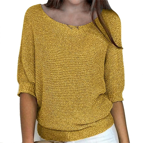 KBZDBZC Summer Tops for Women 2024 Women's Spring Solid Round Neck Knitted Elegant 3/4 Sleeve Top Blouse for Women Women T Shirts Womens Shirts (Yellow,M)