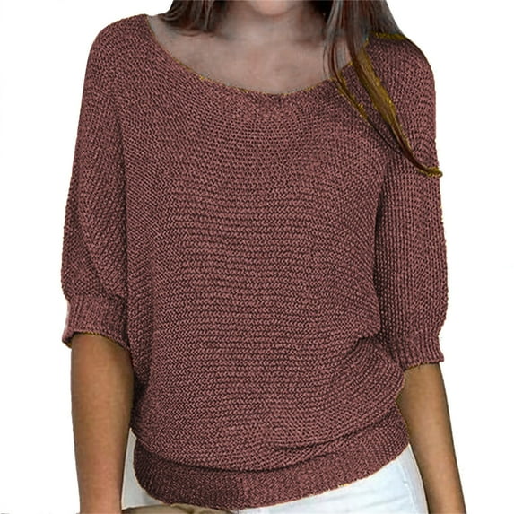 KBZDBZC Summer Tops for Women 2024 Women's Spring Solid Round Neck Knitted Elegant 3/4 Sleeve Top Blouses Women T-Shirts Women Womens Tee Shirt (Brown,M)