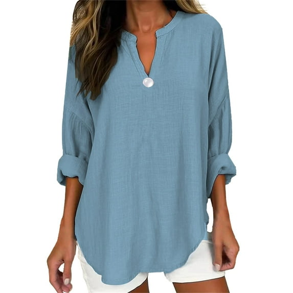 KBZDBZC T Shirts for Women Women's Long Sleeve Solid Color Button V Neck Cotton and Linen Shirt Loose T Shirt Summer Tops (Blue,XXXXL)