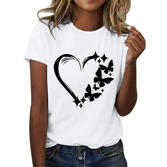 KBZDBZC T Shirts for Women Women's Love Butterfly Print Round Neck Short Sleeve T Shirt Top Womens Tops (White,M)