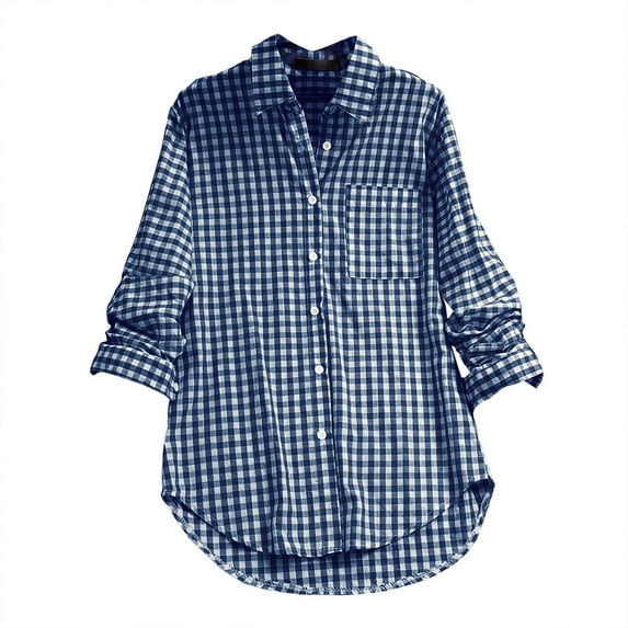 KBZDBZC T-Shirts for Women Women's Plaid Lapel Long Sleeve Vintage Shirt Top Blouses for Women Women's Tshirt Womens Tee Shirt (Dark Blue,L)
