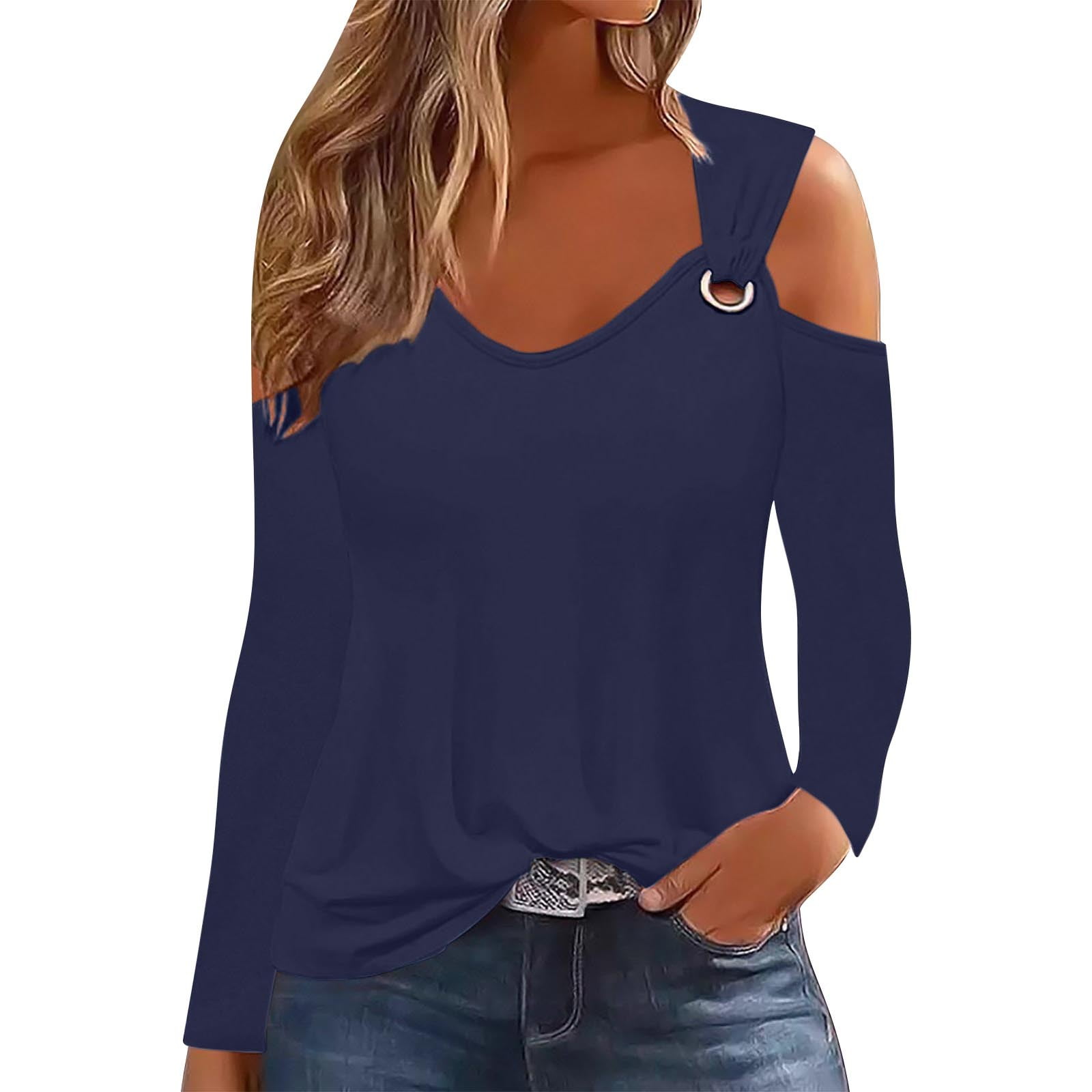 KBZDBZC T Shirts for Women Women's Solid Color Metal Button Off