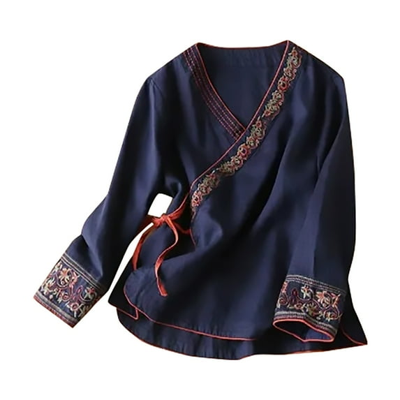 KBZDBZC Tshirts Shirts for Women Women's Cotton Linen Button Short Sleeve Shirts Summer Loose Crew Neck Casual Boho Top Vintage Embroidered Blouse Tops Women T Shirt (Navy Blue,XXXL)