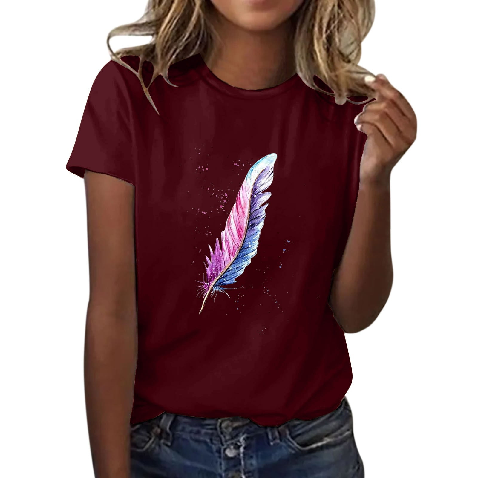 KBZDBZC Tshirts Shirts for Women Women's Feather Print Shirt Short