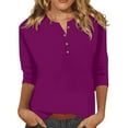 thumbnail image 1 of KBZDBZC Tshirts Shirts for Women Women's Fashion Button Up 3/4 Length Sleeve Solid Color T Shirt Shirt Top Womens Tops (Wine Red,S), 1 of 4