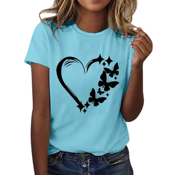 KBZDBZC Tshirts Shirts for Women Women's Love Butterfly Print Round Neck Short Sleeve T Shirt Top Womens Tops (Light Blue,XXXL)
