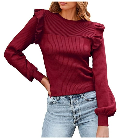 KBZDBZC Tshirts Shirts for Women Women's Ruffle Shoulder Long Sleeve Sweaters Crew Neck Slim Fitted Fall Ribbed Knit Tops Womens Tops (Wine Red,L)