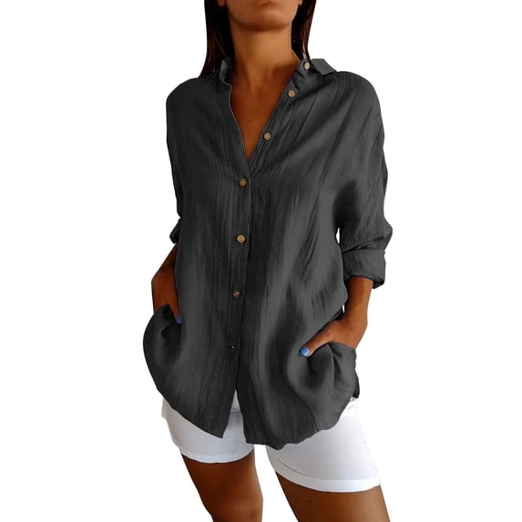 KBZDBZC Tshirts Shirts for Women Women's Single Breasted Pleated Lapel Shirt Women's Solid Color Top Women T Shirt (Black,XXXXL)