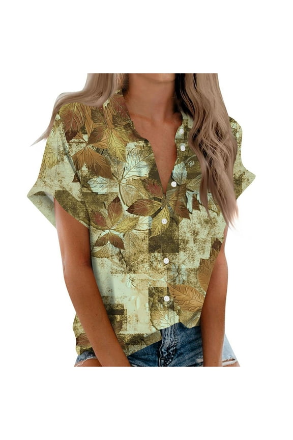 Women Blouses Casual Shirts for Women Cotton Womens Short Sleeve Shirts V Neck Collared Button Down Blouse Tops Camp Shirt S 6Xl Blouses Women's T-Shirts (Coffee,XL)