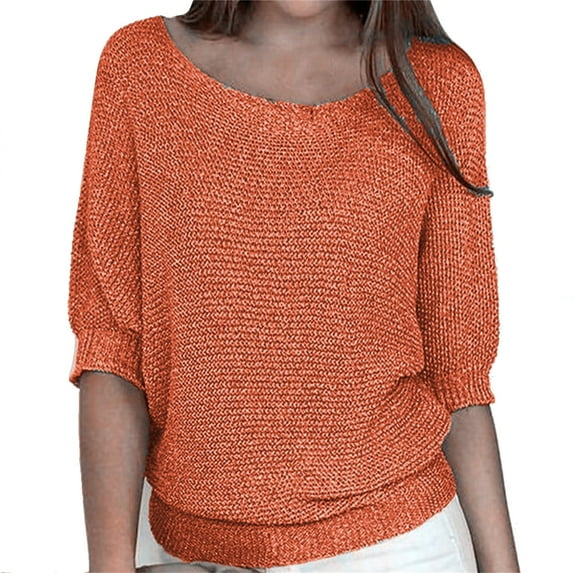 KBZDBZC Women Blouses Casual Women's Spring Solid Round Neck Knitted Elegant 3/4 Sleeve Top Woman Blouse Tshirt Women Womens Tee Shirts (orange,XXXL)