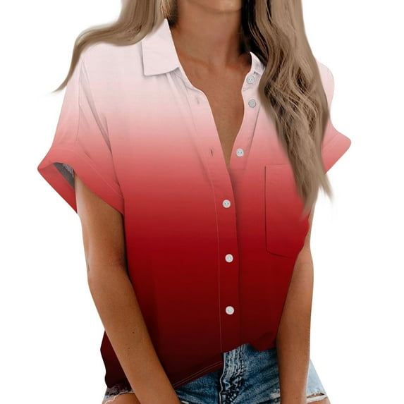 KBZDBZC Womens Blouses Casual Shirts for Women Cotton Womens Short Sleeve Shirts V Neck Collared Button Down Blouse Tops Camp Shirt S 6Xl Women Blouses Womans T Shirts (Watermelon Red,XXL)