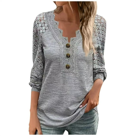 KBZDBZC Womens Blouses New Releases Top Lace Long Short Sleeve Blouses for Women Fashion Short Sleeve Button Up Shirts for Women Pattern Womens Blouse Women's Tshirts (Gray,L)