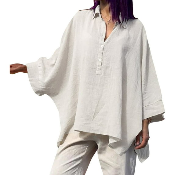 KBZDBZC Womens Blouses Women Summer New Ladies Loose Blouses Cotton and Linen Lapel Rolled Short Sleeve Shirt Tee Shirt Women Blouses Women's T Shirt Womens Shirts (White,XL)