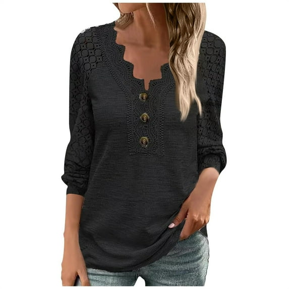 KBZDBZC Womens Shirts New Releases Top Lace Long Short Sleeve Blouses for Women Fashion Short Sleeve Button Up Shirts for Women Pattern Women Blouses Womens Tshirt Womens Shirts (Black,S)