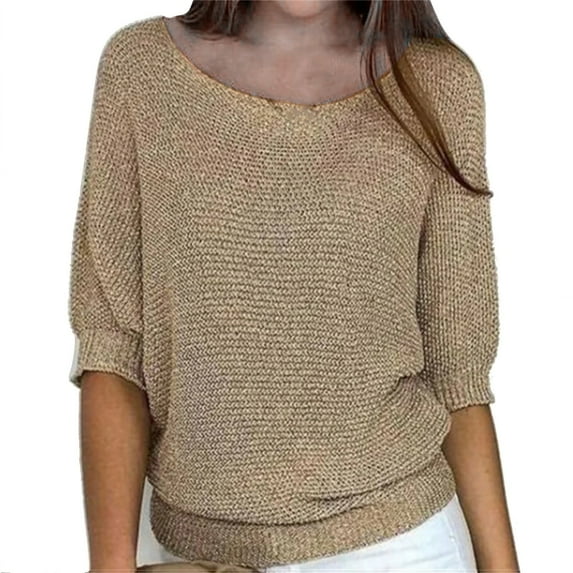 KBZDBZC Womens Shirts Women's Spring Solid Round Neck Knitted Elegant 3/4 Sleeve Top Women's Blouses T-Shirts Women Womens Tee Shirts (Khaki,XXXXXL)