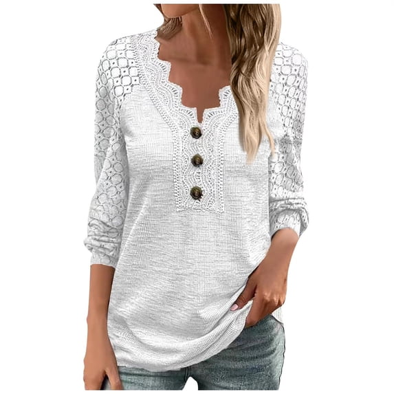 KBZDBZC Womens Summer Tops New Releases Top Lace Long Short Sleeve Blouses for Women Fashion Short Sleeve Button Up Shirts for Women Pattern Women's Blouses T-Shirt for Women (White,XL)